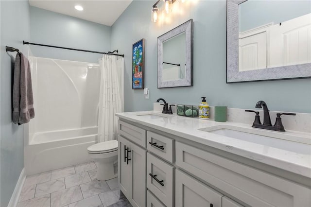 full bathroom with toilet, shower / bath combo, and vanity