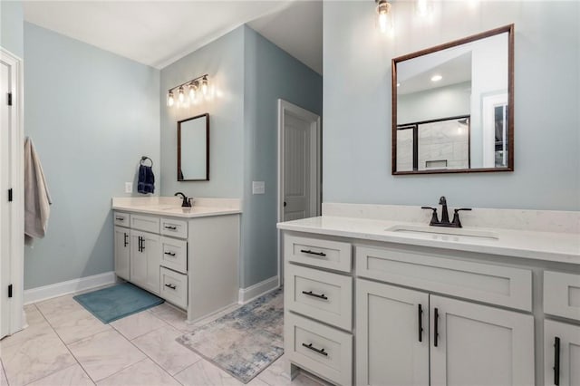 bathroom with walk in shower and vanity