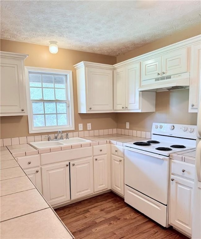 460 Waverly Rd, Auburn, AL 36832 - kitchen with under cabinet range hood, electric stove, tile countertops, white cabinets, and light wood-style flooring