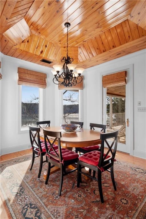 dining space featuring an inviting chandelier, plenty of natural light, hardwood / wood-style floors, and wooden ceiling