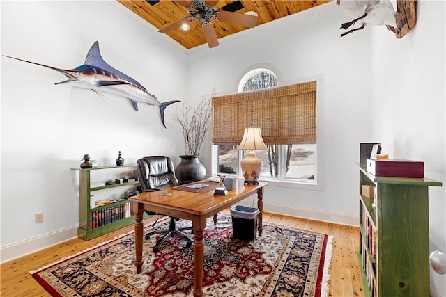 office space with wood-type flooring, wood ceiling, a wealth of natural light, and ceiling fan