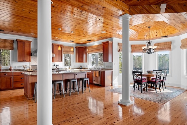 kitchen with wood ceiling, a breakfast bar area, a center island, and pendant lighting