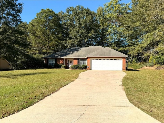 ranch-style house with a front lawn, brick siding, driveway, and a garage