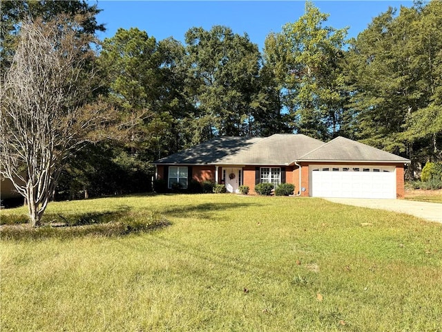 ranch-style home featuring a front lawn, brick siding, an attached garage, and concrete driveway