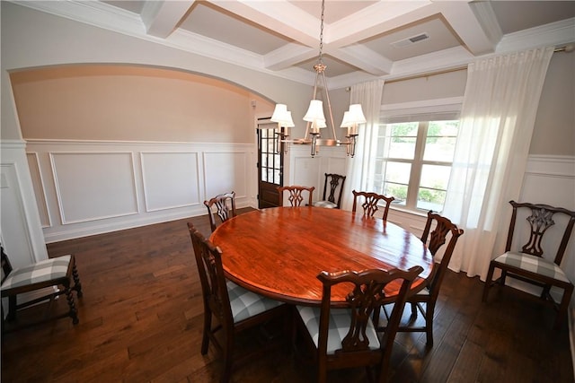 261 Woodward Way, Auburn, AL 36832 - dining space featuring a chandelier, coffered ceiling, dark wood-type flooring, beamed ceiling, and a decorative wall