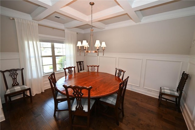 261 Woodward Way, Auburn, AL 36832 - dining space with a decorative wall, coffered ceiling, beam ceiling, a chandelier, and dark wood-style flooring