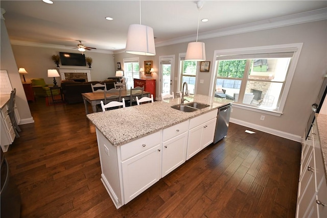 261 Woodward Way, Auburn, AL 36832 - kitchen featuring a sink, a ceiling fan, a fireplace, dishwasher, and crown molding