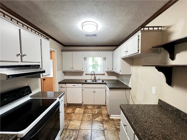 1128 Overwood Pl, Auburn, AL 36830 - kitchen with electric range oven, extractor fan, white dishwasher, dark countertops, and white cabinetry