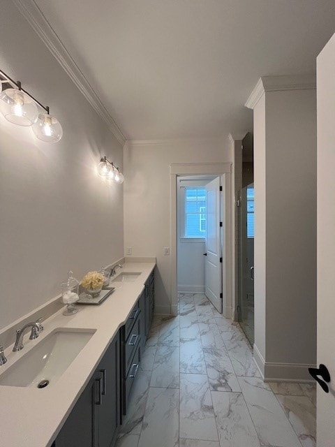 bathroom featuring vanity and ornamental molding