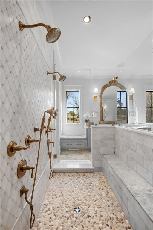 bathroom featuring tile patterned floors, a shower, vanity, and recessed lighting