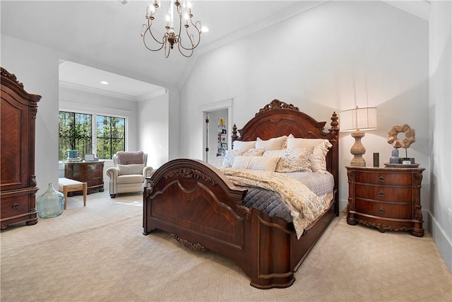 bedroom with an inviting chandelier, crown molding, recessed lighting, high vaulted ceiling, and light colored carpet