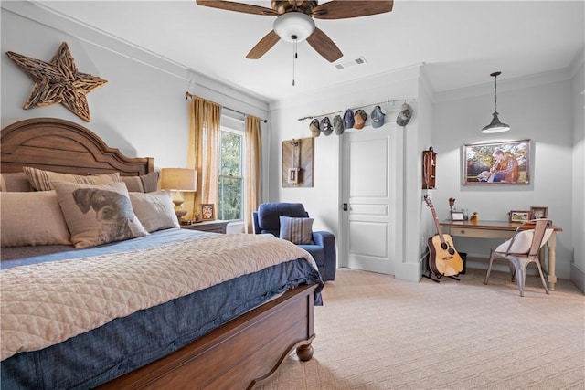 bedroom featuring light carpet, ceiling fan, ornamental molding, and visible vents