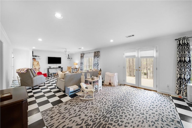 1540 Lakewood Pl, Auburn, AL 36801 - living area with tile patterned floors, visible vents, recessed lighting, and french doors