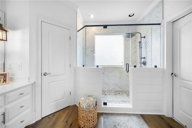 1540 Lakewood Pl, Auburn, AL 36801 - full bath with vanity, ornamental molding, wood finished floors, and a shower stall
