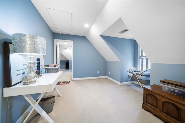 1540 Lakewood Pl, Auburn, AL 36801 - office with attic access, lofted ceiling, baseboards, carpet floors, and visible vents