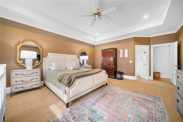 1540 Lakewood Pl, Auburn, AL 36801 - bedroom with crown molding, recessed lighting, baseboards, a raised ceiling, and ceiling fan
