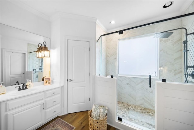 1540 Lakewood Pl, Auburn, AL 36801 - full bath featuring a stall shower, crown molding, wood finished floors, and vanity