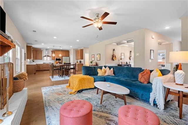 1835 Solamere Ct, Auburn, AL 36832 - living area with light wood-style floors, ceiling fan, and recessed lighting