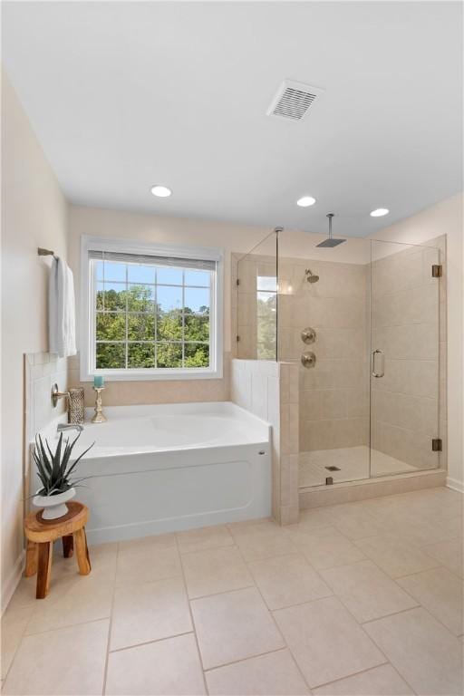 1835 Solamere Ct, Auburn, AL 36832 - full bathroom featuring a bath, a stall shower, tile patterned flooring, and recessed lighting
