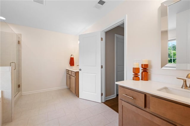 1835 Solamere Ct, Auburn, AL 36832 - bathroom with vanity, a stall shower, and lofted ceiling
