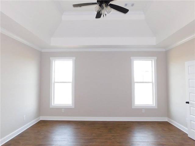 spare room with dark wood-type flooring, a healthy amount of sunlight, and a raised ceiling