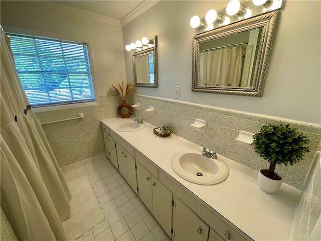 full bathroom with tile patterned floors, a sink, double vanity, and crown molding
