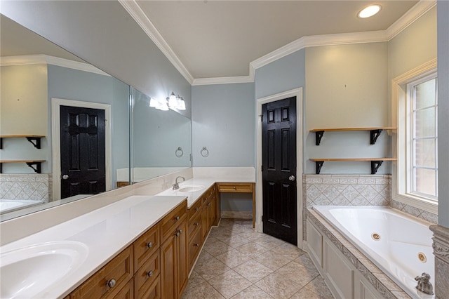 bathroom featuring tile patterned floors, a tub, crown molding, and vanity