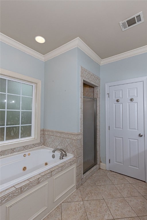 bathroom featuring tile patterned flooring, ornamental molding, and plus walk in shower