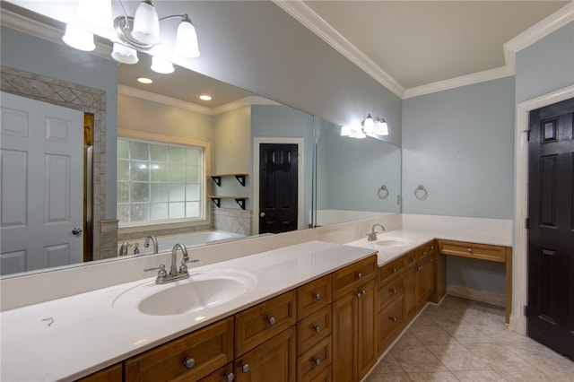 bathroom featuring a tub to relax in, tile patterned floors, ornamental molding, vanity, and a chandelier