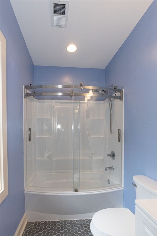 full bathroom featuring shower / bathing tub combination, vanity, toilet, and tile patterned floors