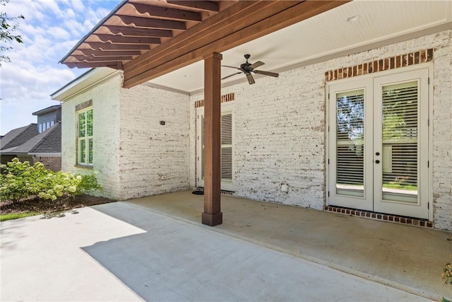 view of patio / terrace with ceiling fan and french doors