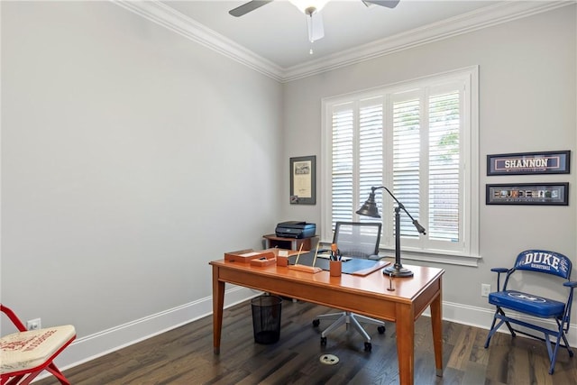 office space featuring dark wood-type flooring, ceiling fan, and crown molding