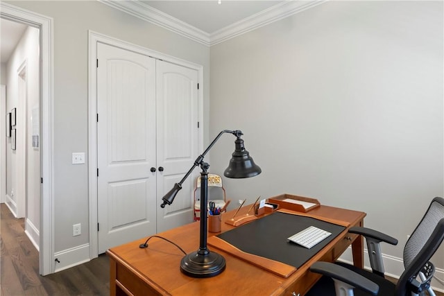 home office with dark hardwood / wood-style floors and ornamental molding