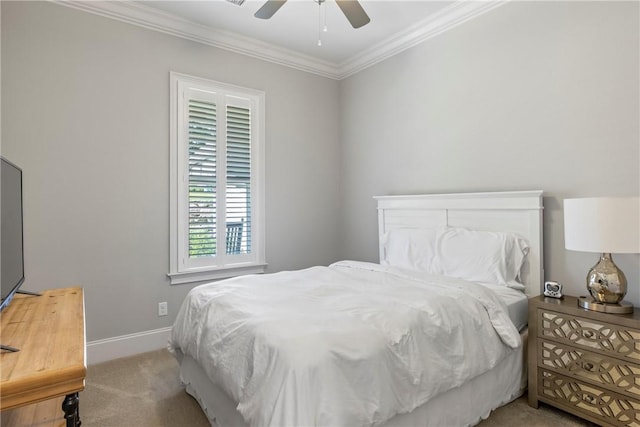 bedroom featuring light carpet, ceiling fan, and ornamental molding