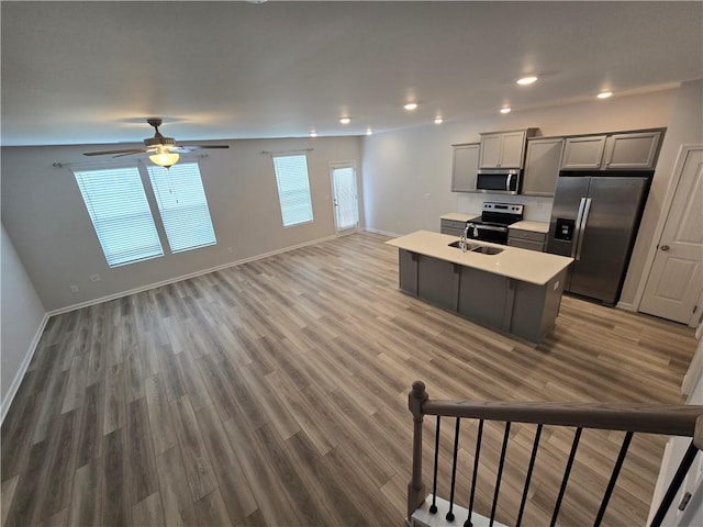 kitchen featuring light countertops, light wood-type flooring, gray cabinetry, a sink, and appliances with stainless steel finishes