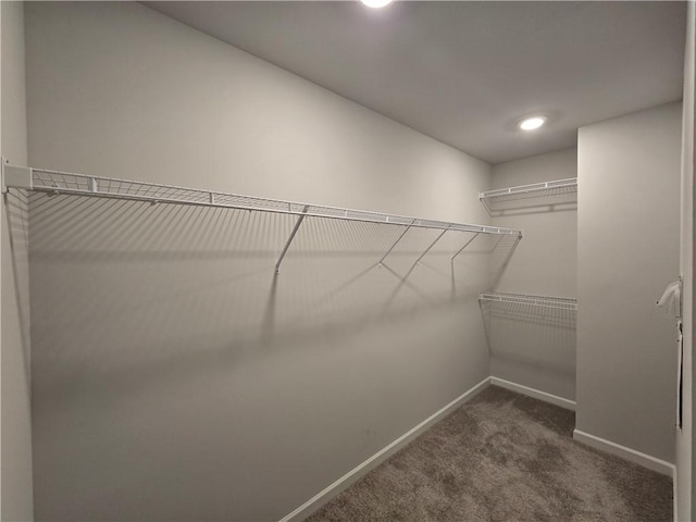 walk in closet featuring dark carpet