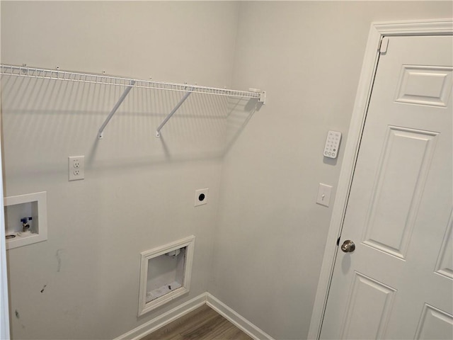 washroom featuring dark wood-type flooring, baseboards, electric dryer hookup, laundry area, and washer hookup