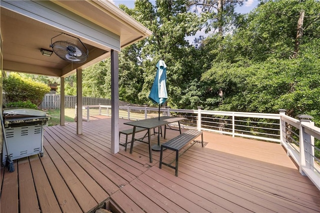 2107 Rockledge Cir, Opelika, AL 36801 - deck featuring outdoor dining area, fence, area for grilling, and view of scattered trees