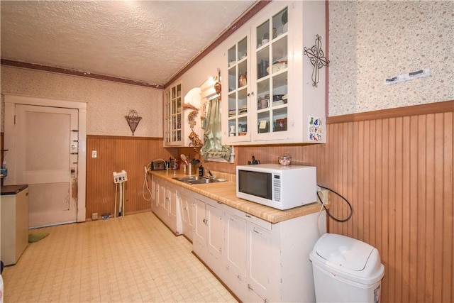 kitchen featuring white microwave, light floors, wainscoting, a textured ceiling, and a sink