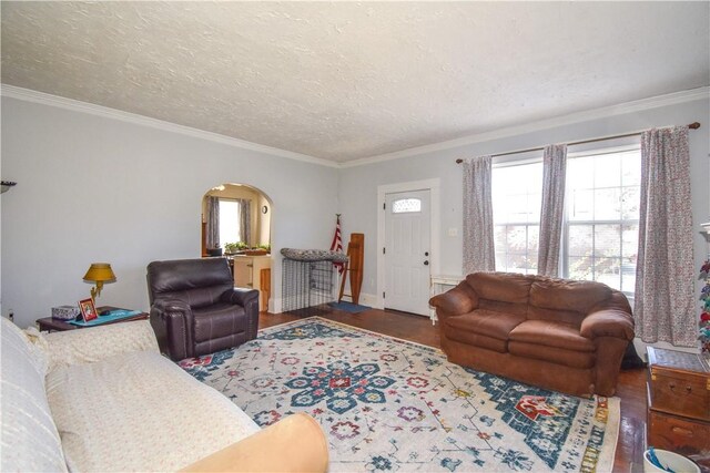 living area with arched walkways, a textured ceiling, wood finished floors, and ornamental molding