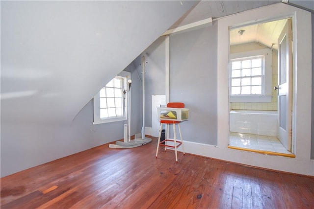 additional living space featuring a wealth of natural light, vaulted ceiling, and wood-type flooring