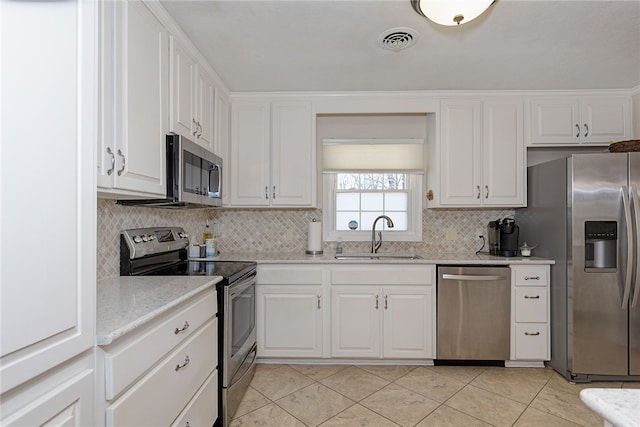 kitchen with visible vents, a sink, stainless steel appliances, white cabinetry, and backsplash