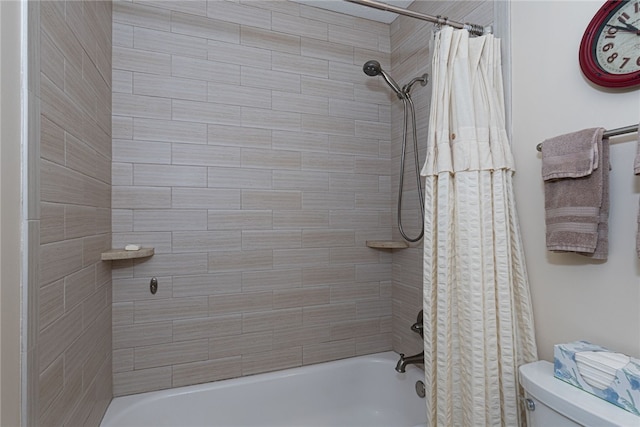 bathroom featuring toilet and shower / bathtub combination with curtain