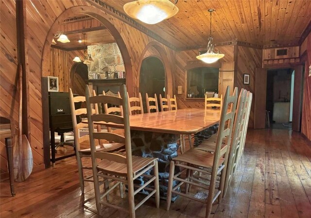 dining area featuring wooden walls, dark hardwood / wood-style flooring, and wooden ceiling