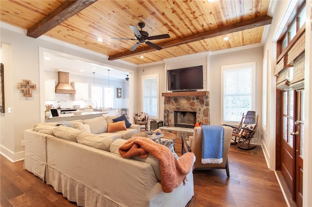 living room featuring wood ceiling, plenty of natural light, and dark wood-type flooring