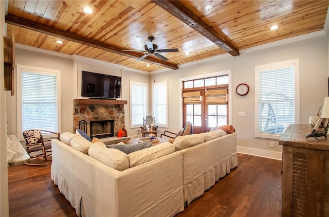 living room featuring dark hardwood / wood-style flooring, wood ceiling, a fireplace, and beam ceiling