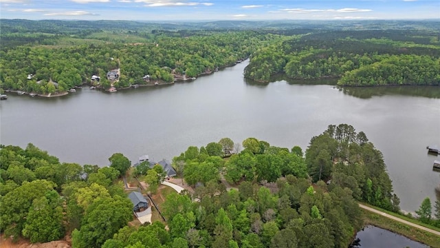 drone / aerial view with a water view and a wooded view