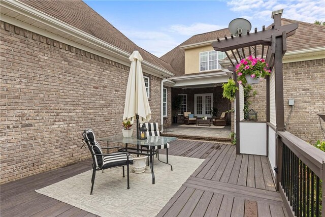2182 Conservation Dr, Auburn, AL 36879 - deck featuring french doors, outdoor dining space, an outdoor living space, and a pergola