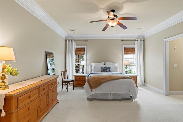 2182 Conservation Dr, Auburn, AL 36879 - bedroom with light colored carpet, ornamental molding, baseboards, and ceiling fan