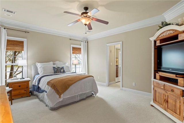 2182 Conservation Dr, Auburn, AL 36879 - bedroom with ornamental molding, light carpet, baseboards, and ceiling fan